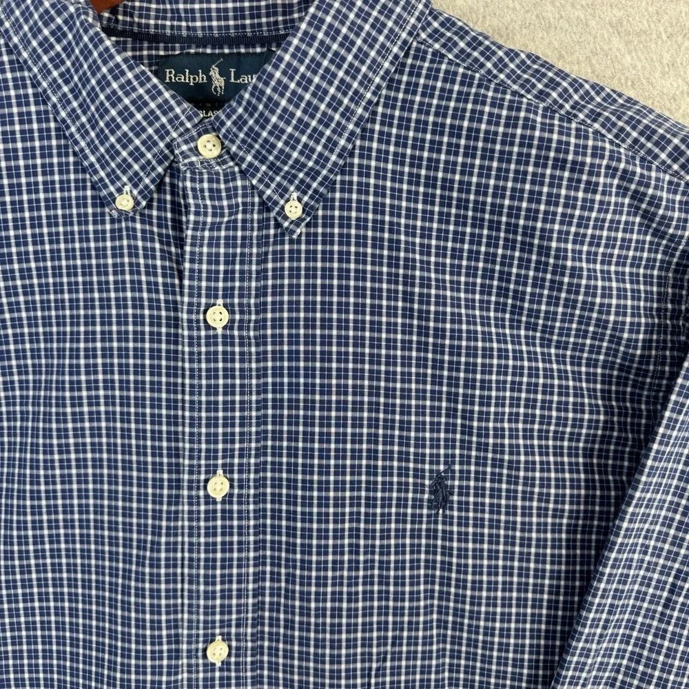 Ralph Lauren Classic Fit Button Down Shirt Blue Check Long Sleeve Cotton XXL VTG
